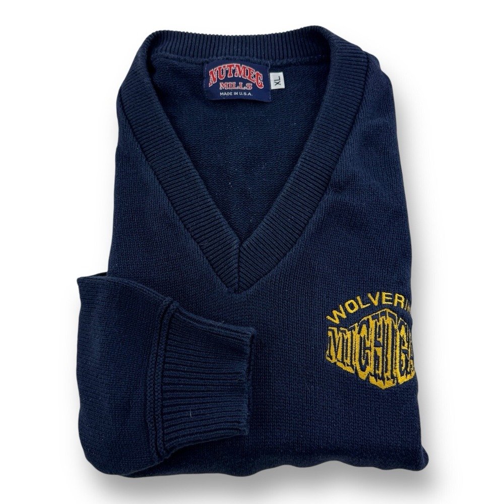Nutmeg Mills XL Deep V-Neck‎ Cotton Sweater Navy Blue Michigan Wolverines